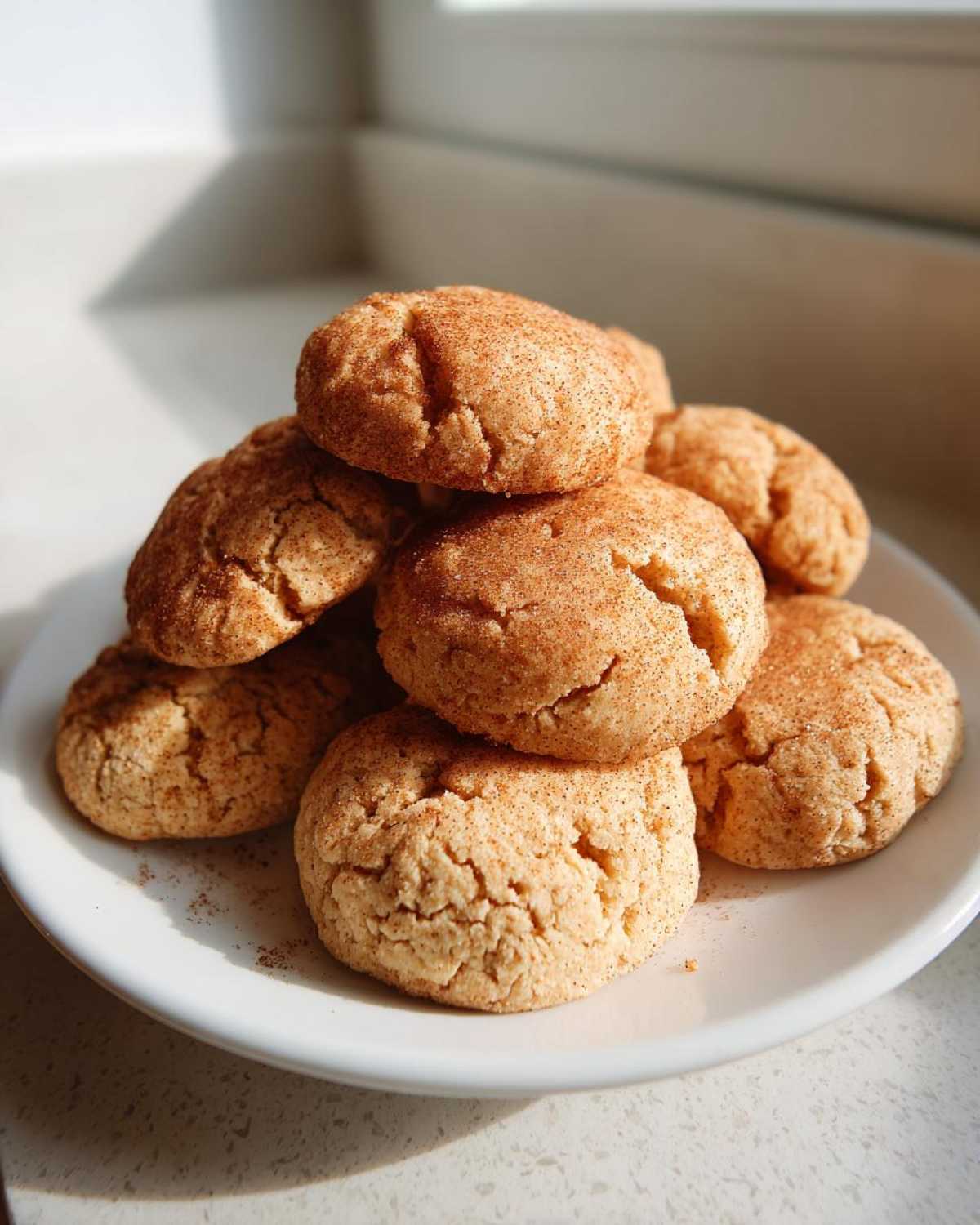 A stack of freshly baked, soft applesauce cookies coated in cinnamon sugar on a white plate.