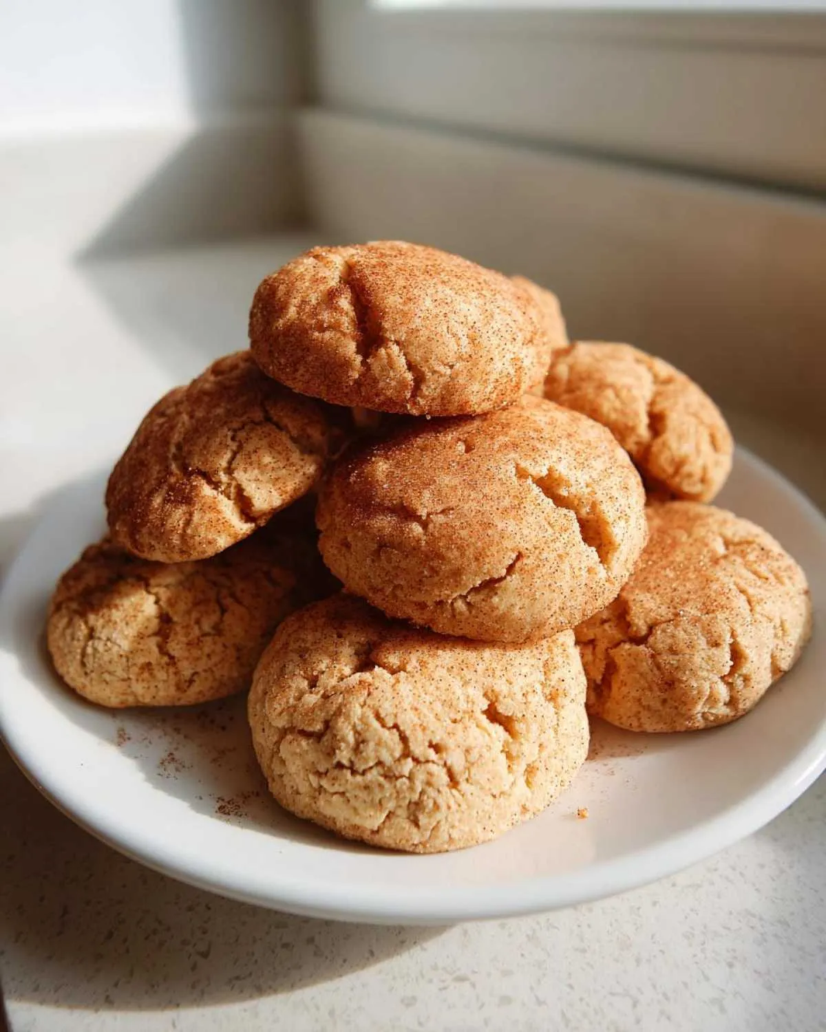 A stack of freshly baked, soft applesauce cookies coated in cinnamon sugar on a white plate.