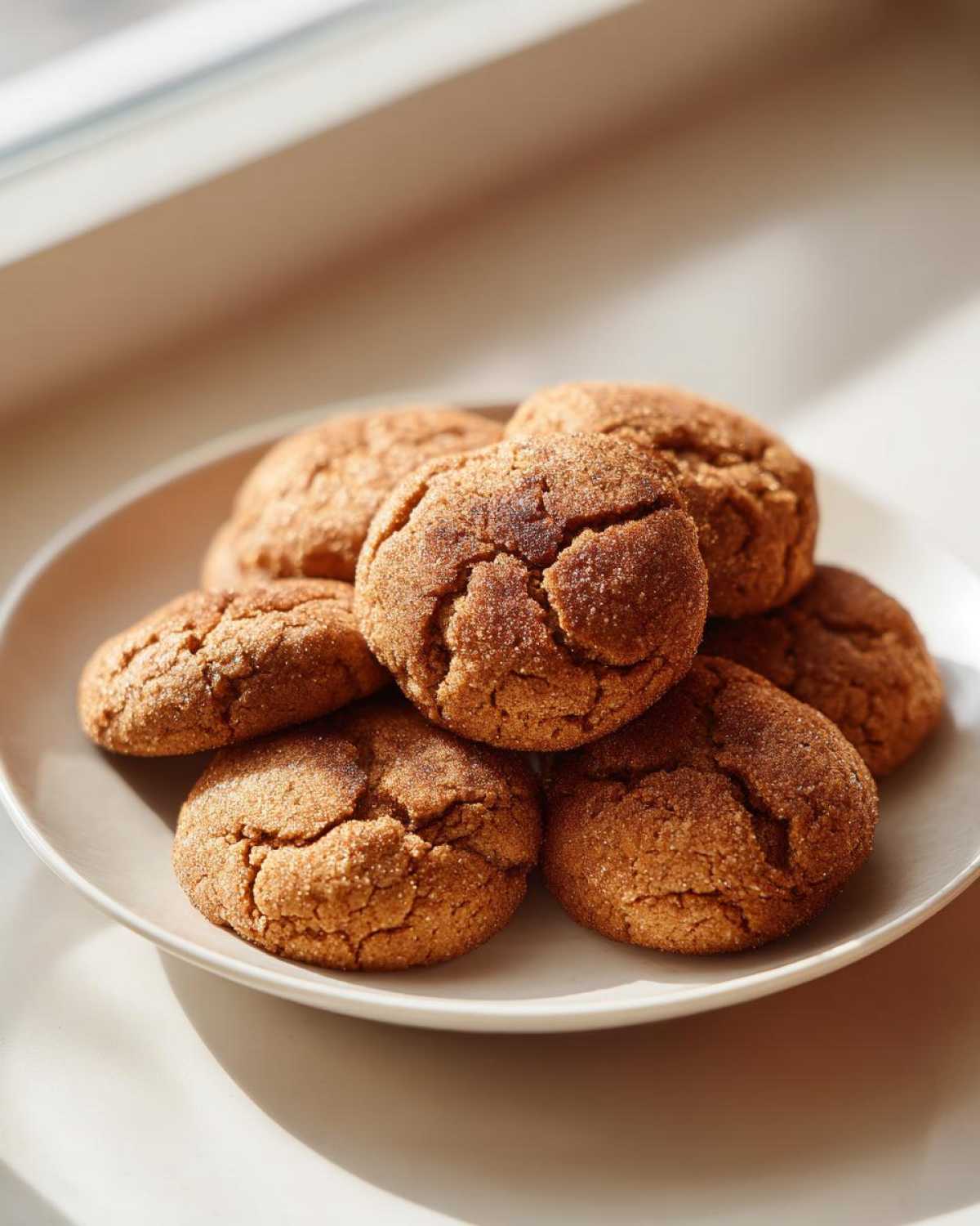 A stack of moist applesauce cookies, coated in sugar and showing cracked tops, resting on a white plate near a window.