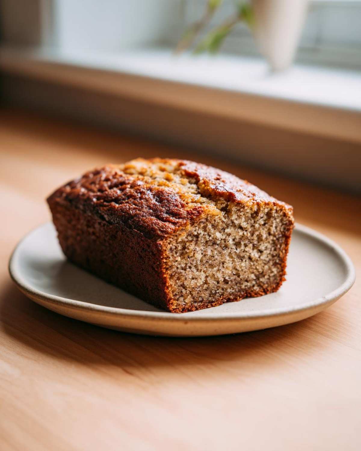 A freshly baked loaf of moist banana bread recipe sitting on a small ceramic plate near a window.