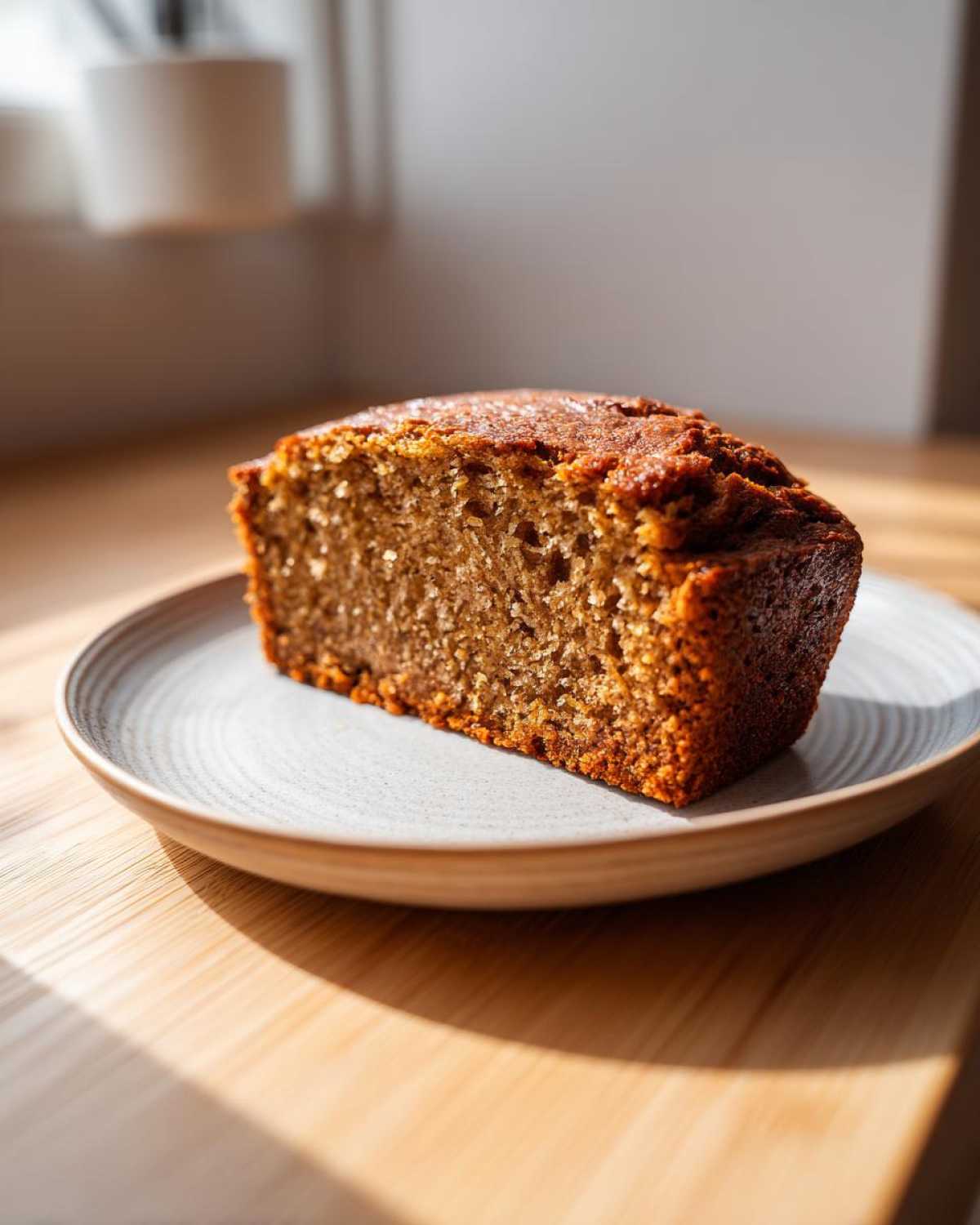 A thick, moist slice of freshly baked banana bread recipe resting on a light-colored plate.