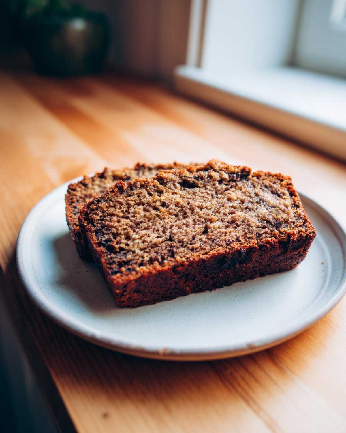 Two slices of moist banana bread recipe resting on a light ceramic plate near a window.