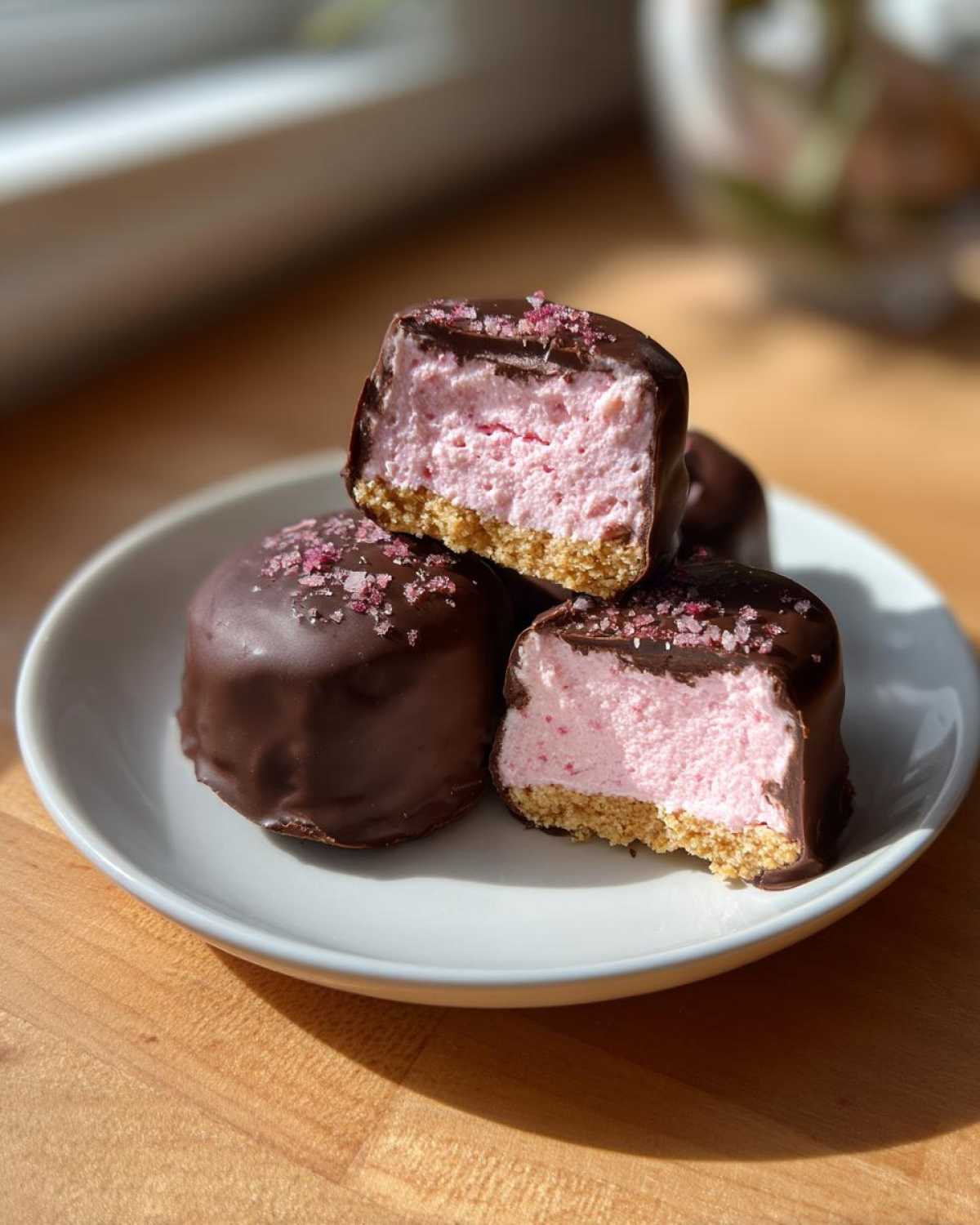 A stack of no-bake pink velvet cheesecake bites dipped in chocolate, with one cut open showing the pink filling and graham cracker crust.