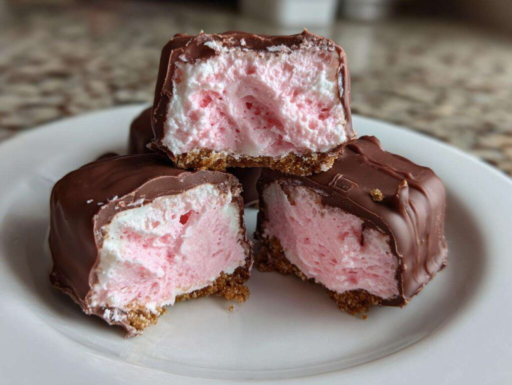 Close-up of three no-bake pink velvet cheesecake bites stacked, showing the pink filling, graham cracker crust, and chocolate coating.