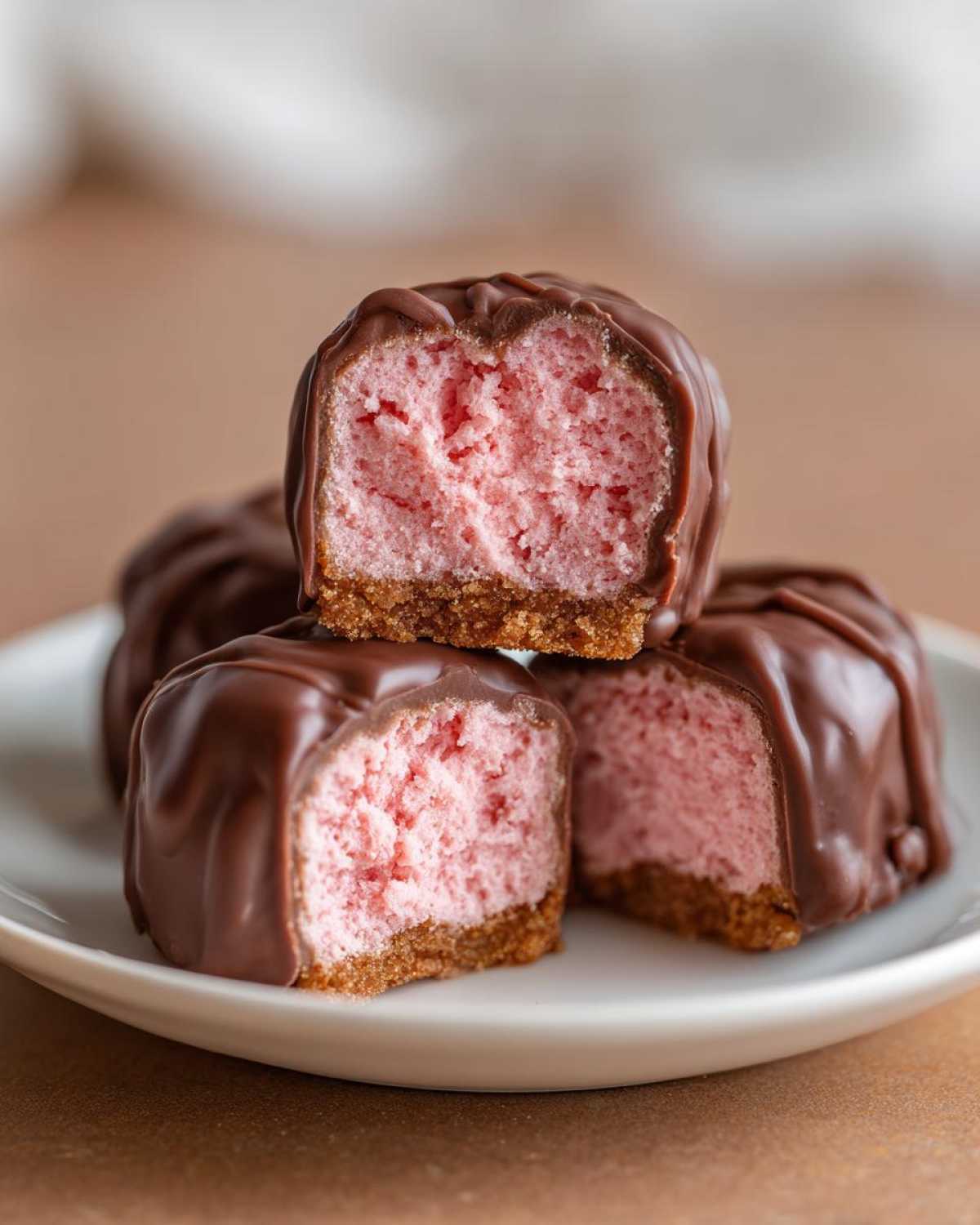 Close-up of no-bake pink velvet cheesecake bites cut in half, showing the pink filling and chocolate coating.