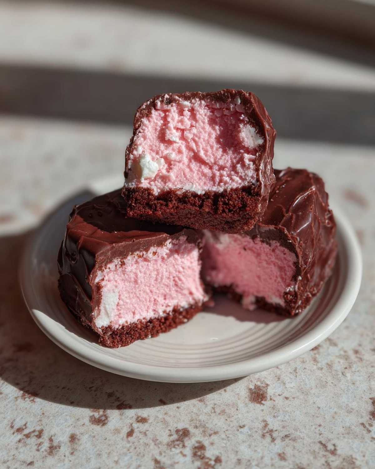 Three chocolate-coated no-bake pink velvet cheesecake bites stacked on a small white plate, showing the pink filling and dark crust.