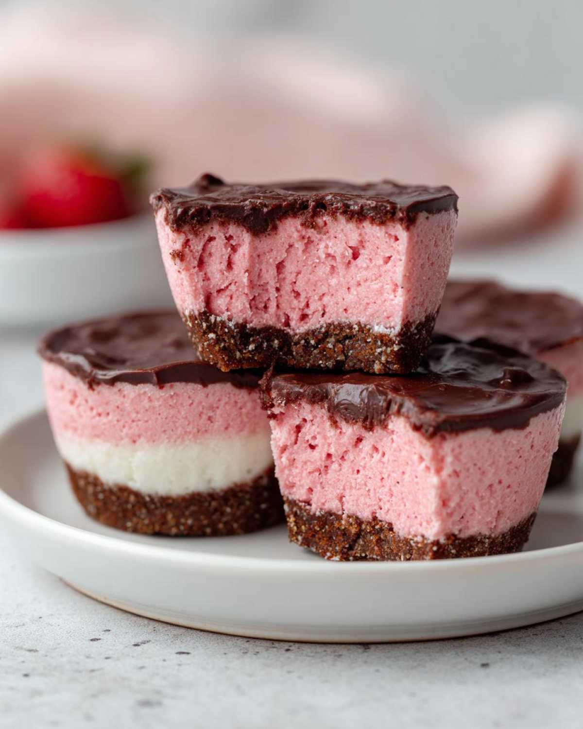 Close-up of stacked no-bake pink velvet cheesecake bites showing chocolate topping and layered filling.