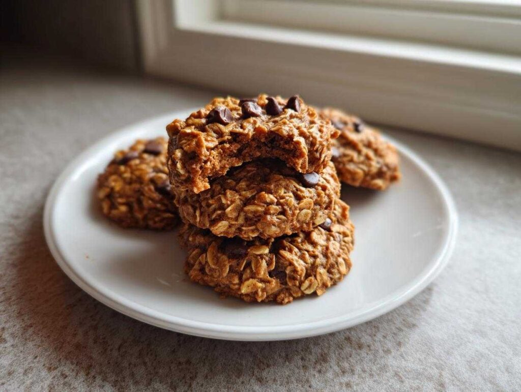 A stack of three chewy oatmeal chocolate chip breakfast cookie, with the top one broken open, sitting on a white plate.