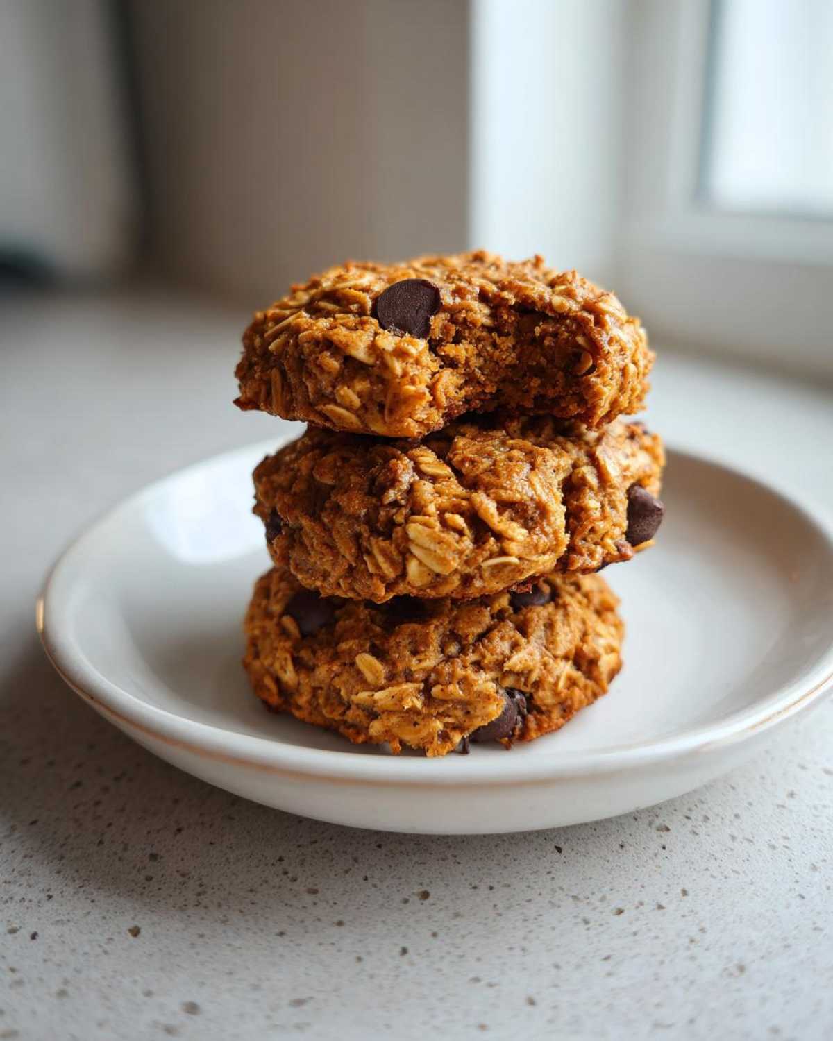 Three stacked, hearty oatmeal chocolate chip breakfast cookie treats on a small white plate.