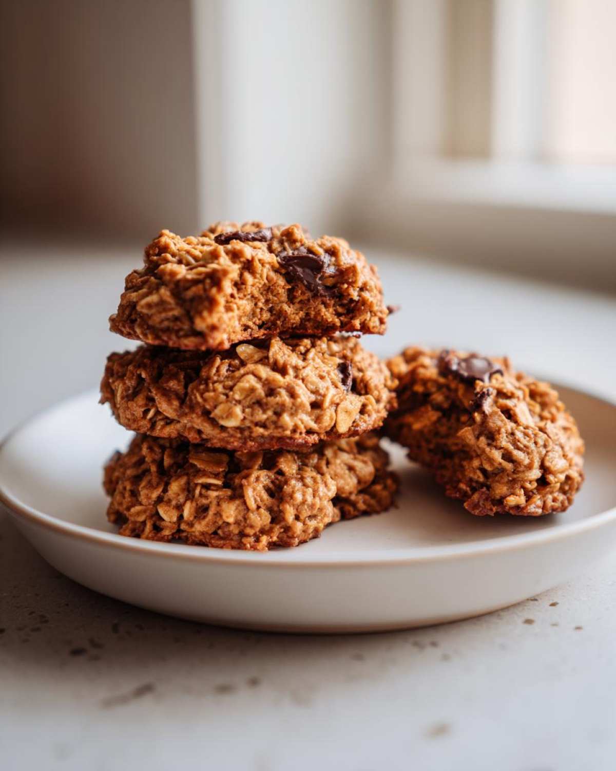 Three stacked, textured oatmeal chocolate chip breakfast cookie pieces on a light plate, with one cookie to the side.