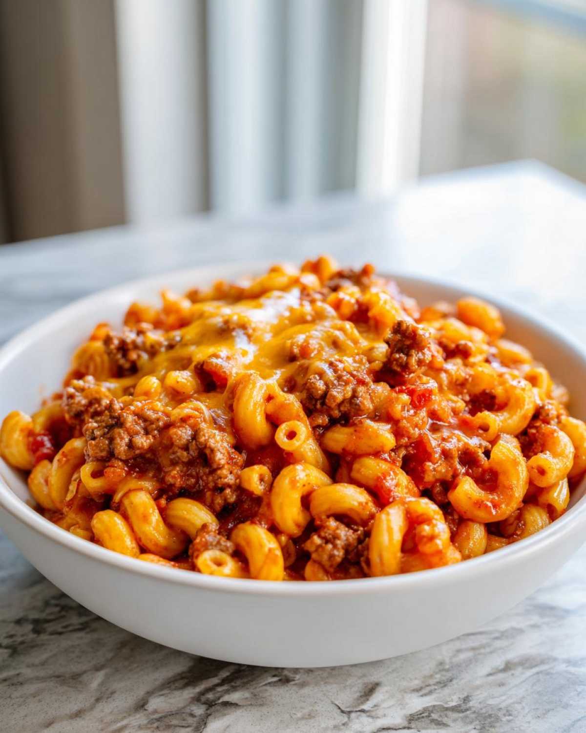 A close-up of a hearty bowl of ground beef goulash mixed with elbow macaroni and topped with melted cheddar cheese.