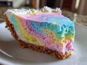 A close-up slice of a pastel easter swirl pie showing colorful, layered filling and a graham cracker crust.