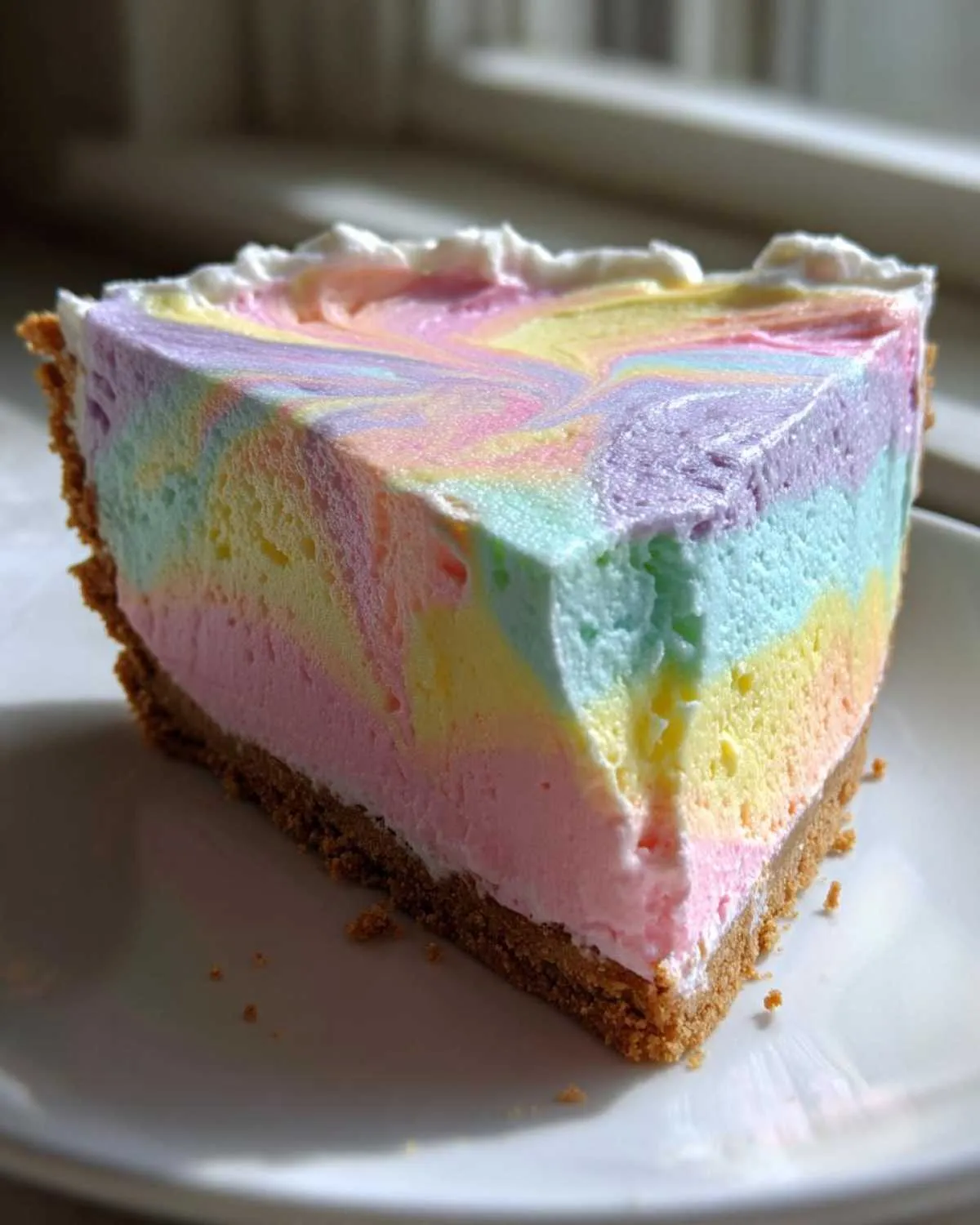 A close-up slice of pastel easter swirl pie showing colorful rainbow filling and a graham cracker crust on a white plate.
