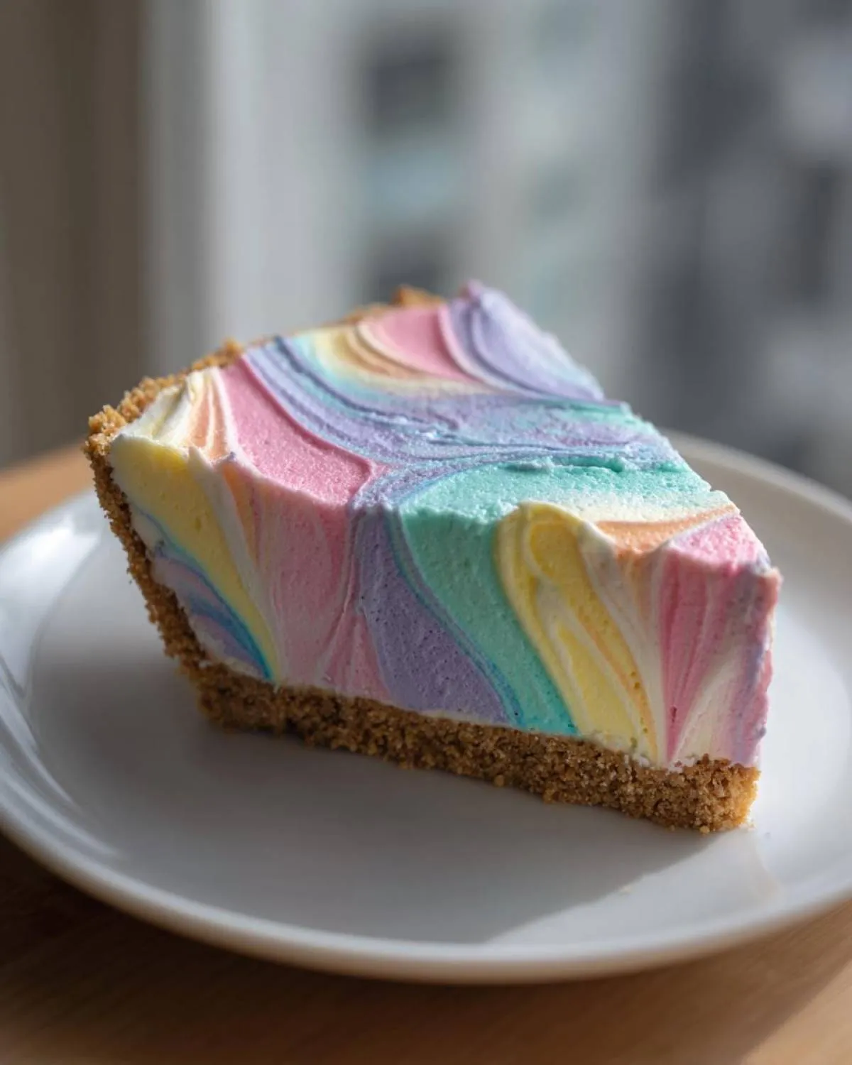 A single slice of pastel easter swirl pie featuring vibrant, multicolored swirls on a graham cracker crust, served on a white plate.