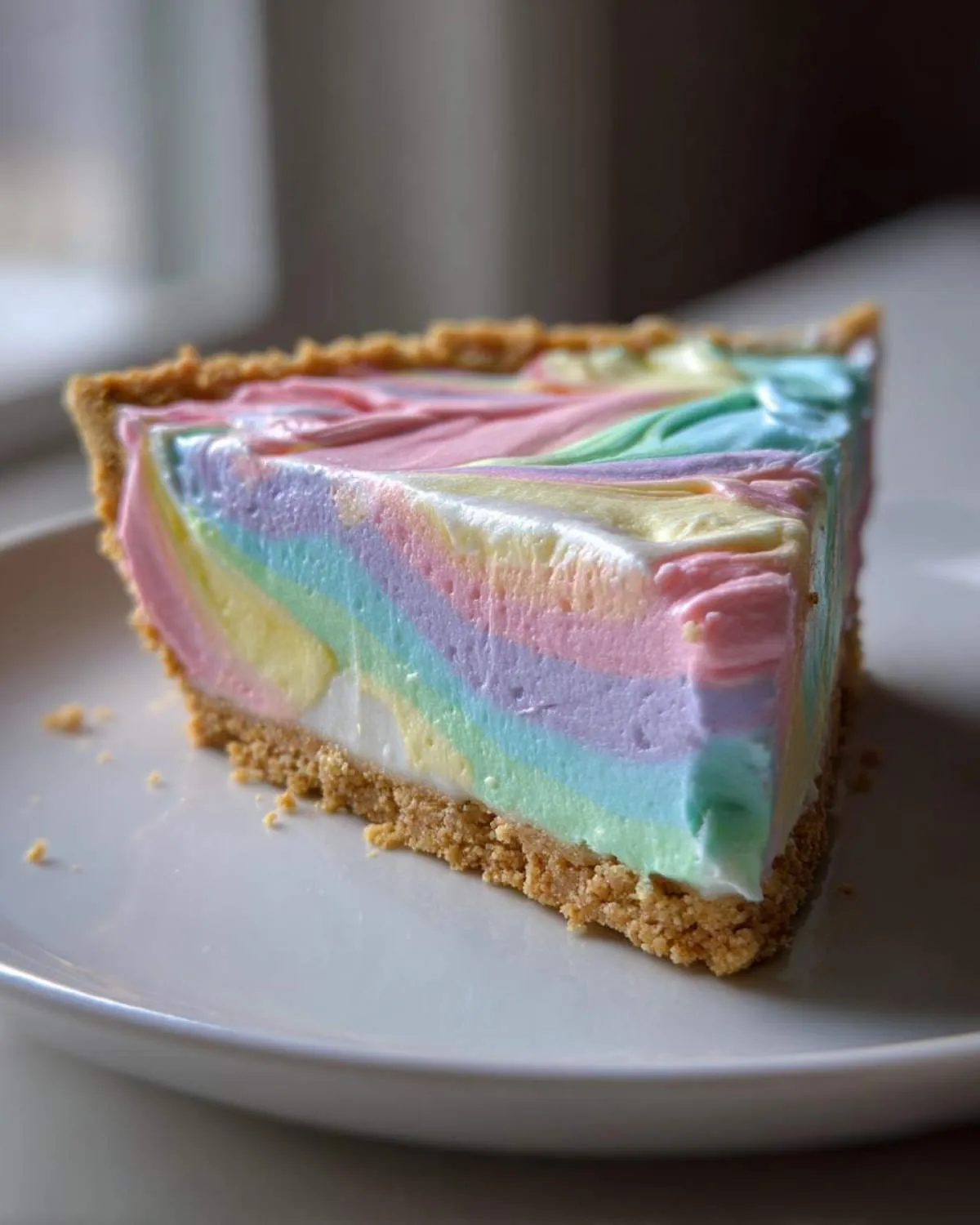 A close-up of a slice of pastel easter swirl pie featuring vibrant, colorful, swirled layers on a graham cracker crust.