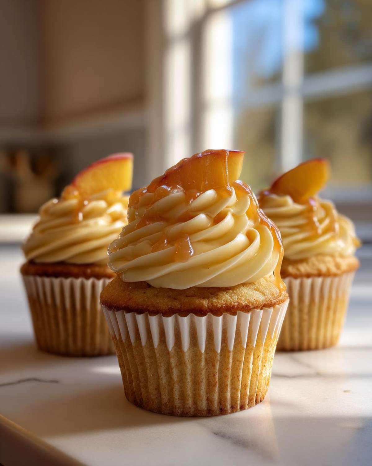 Three beautifully frosted peach bellini cupcakes topped with peach slices and a shimmering glaze.