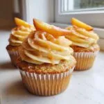 Three decadent peach bellini cupcakes topped with swirl frosting, peach drizzle, and a fresh peach slice.