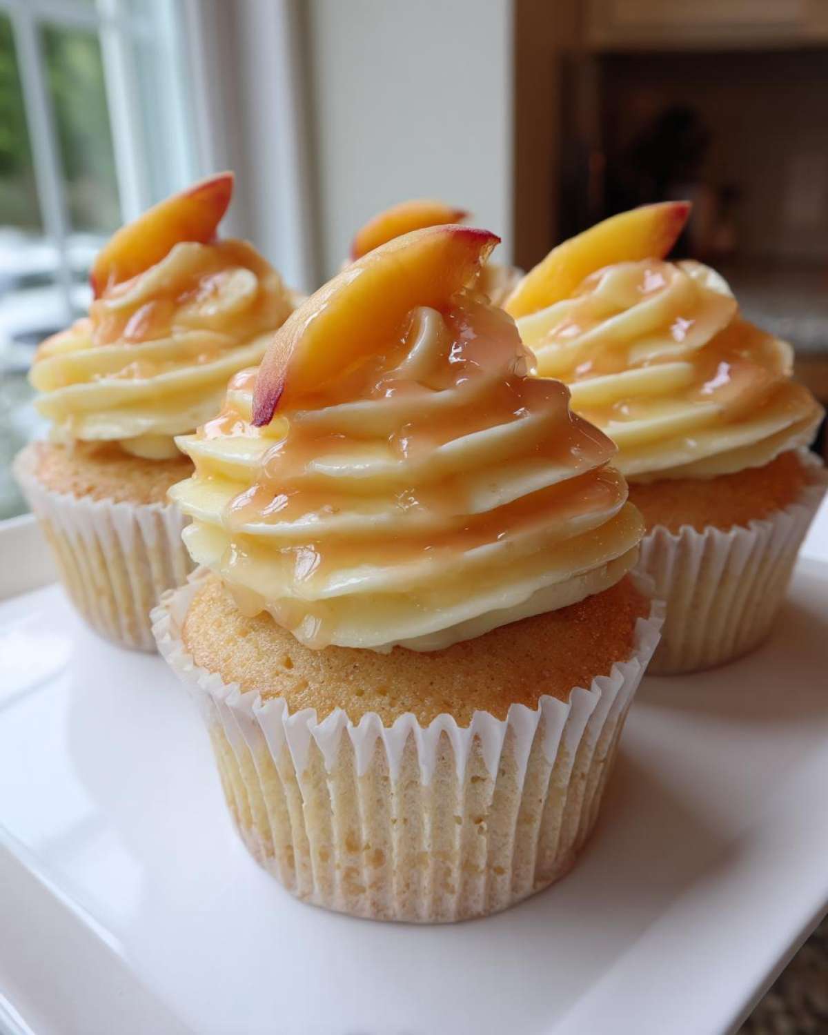 Three beautifully frosted peach bellini cupcakes topped with peach slices and glaze, sitting on a white platter.