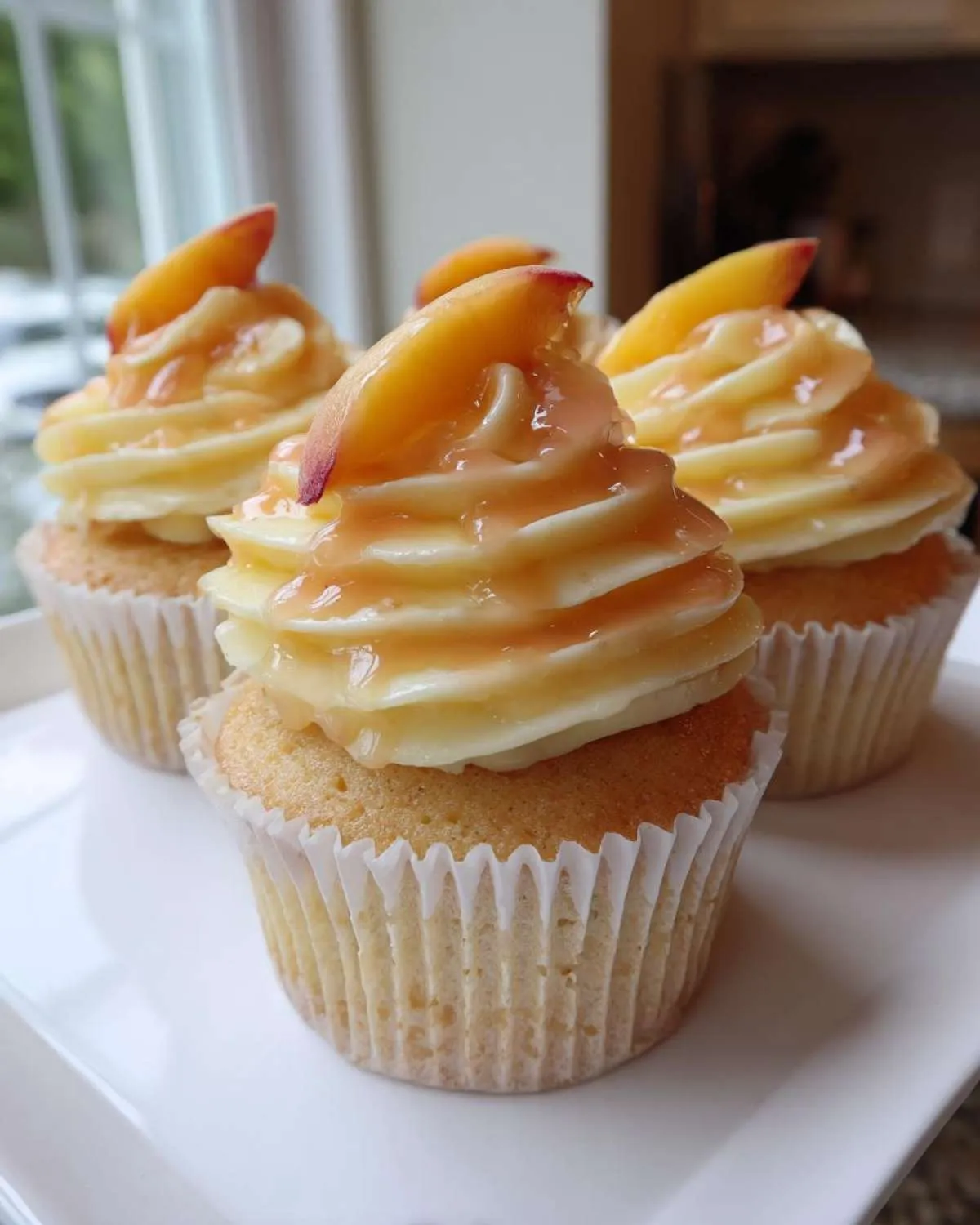 Three beautifully frosted peach bellini cupcakes topped with peach slices and glaze, sitting on a white platter.