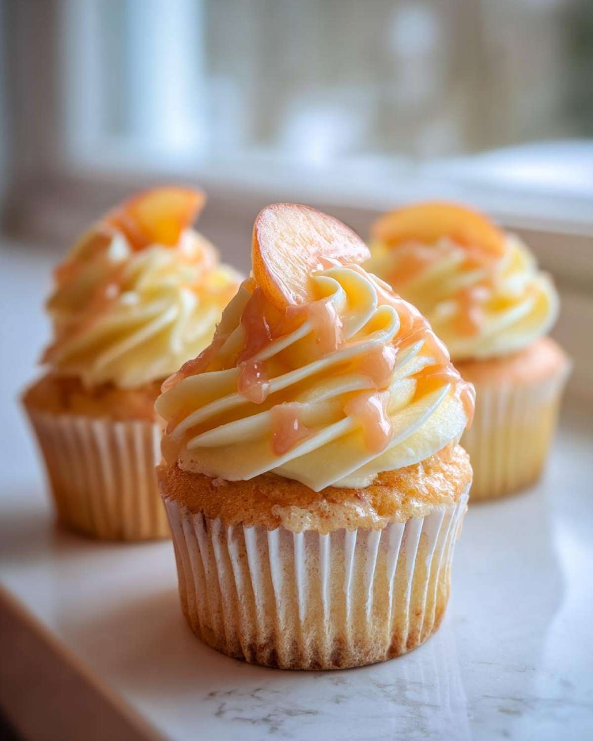 A close-up of a beautifully frosted peach bellini cupcake topped with a peach slice and glaze.