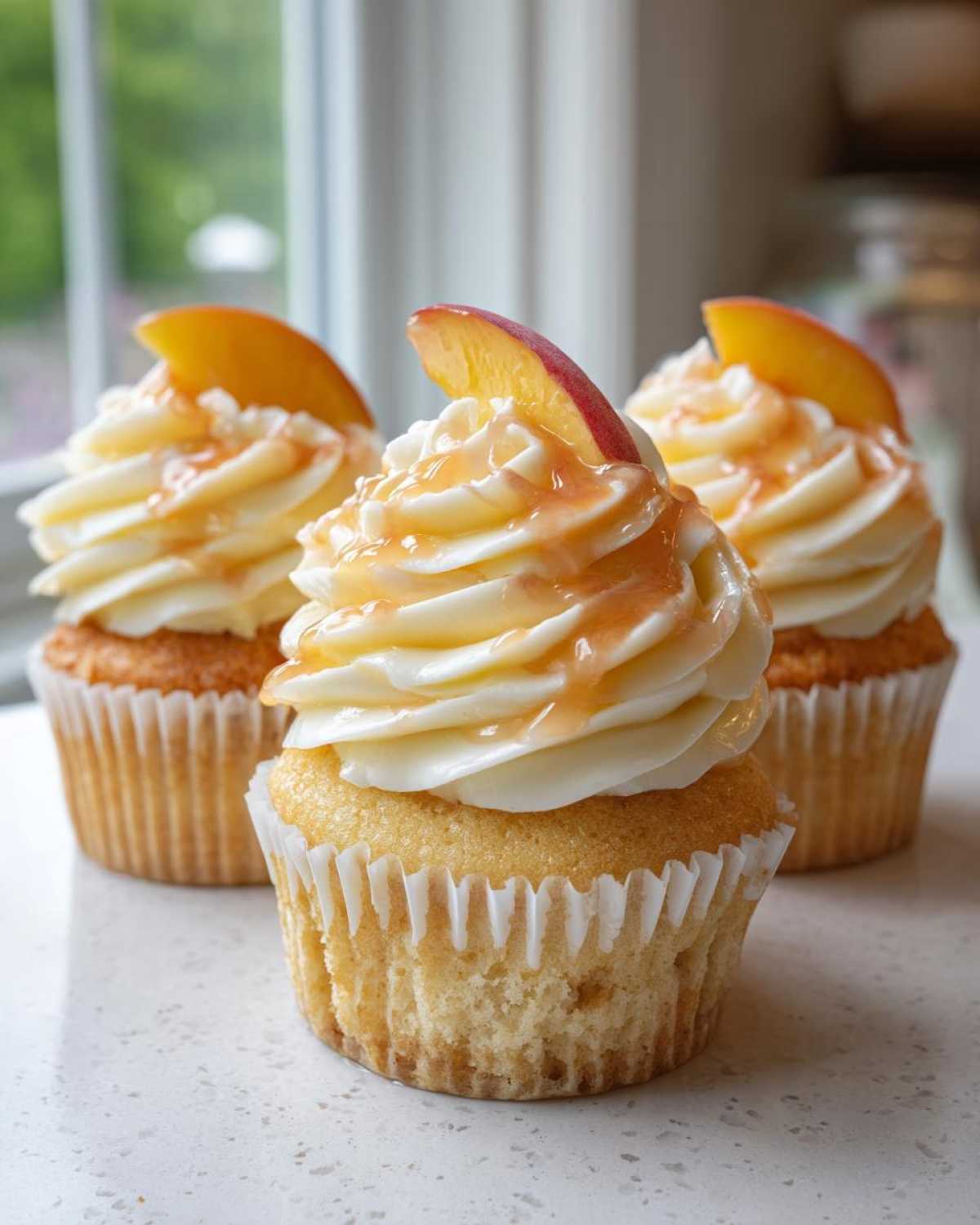 Three delicious peach bellini cupcakes topped with white frosting, peach glaze, and a fresh peach slice garnish.
