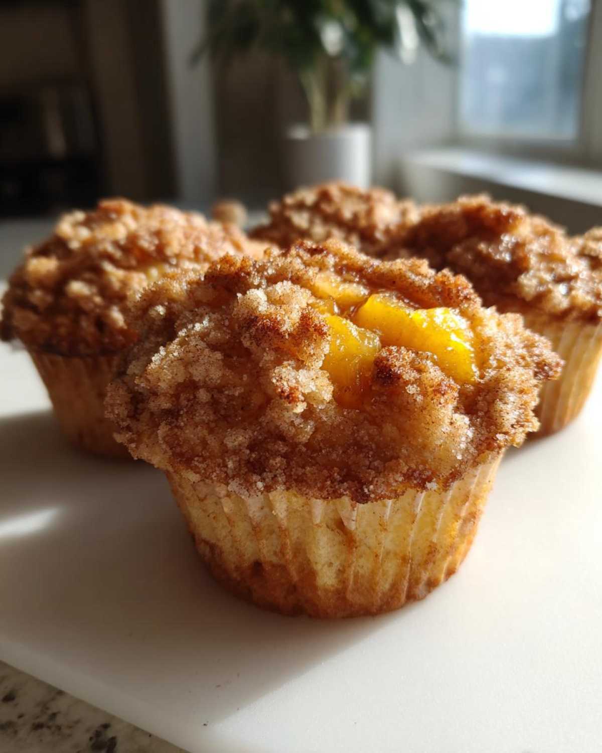 A close-up of several delicious peach cobbler muffins featuring a thick, sugary cinnamon crumb topping and visible baked peach filling.