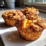 Three golden brown peach cobbler muffins with a thick cinnamon-sugar crumble topping, sitting on a white plate.