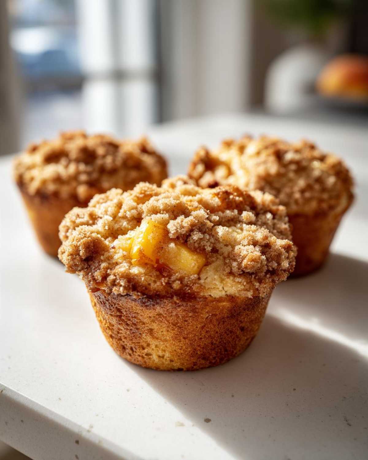 A close-up of freshly baked peach cobbler muffins topped with a thick layer of cinnamon streusel topping.