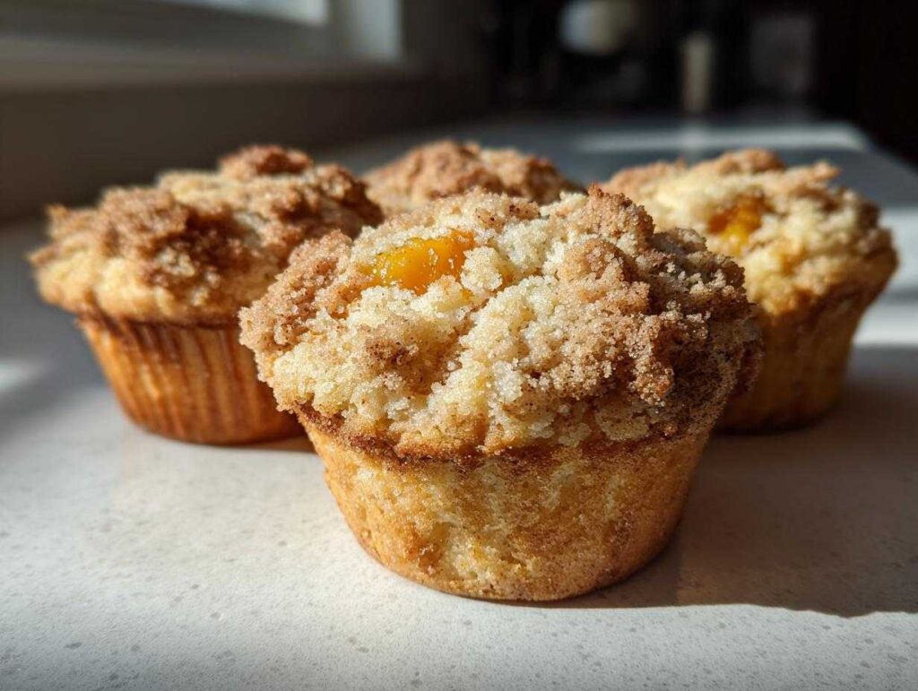 Four delicious peach cobbler muffins with a thick, sugary cinnamon crumb topping, one showing a peek of peach filling.