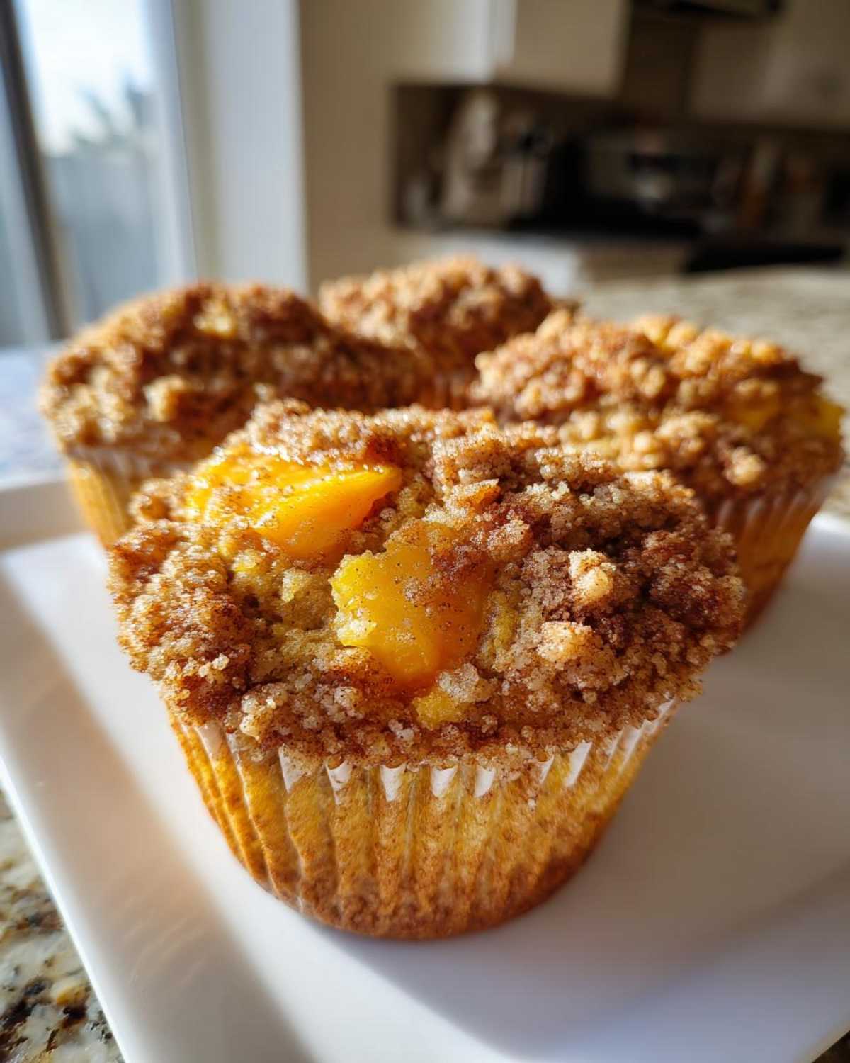 A close-up of freshly baked peach cobbler muffins topped with a generous cinnamon streusel topping and visible chunks of peach.