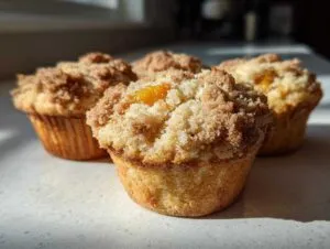 Four delicious peach cobbler muffins with a thick, sugary cinnamon crumb topping, one showing a peek of peach filling.
