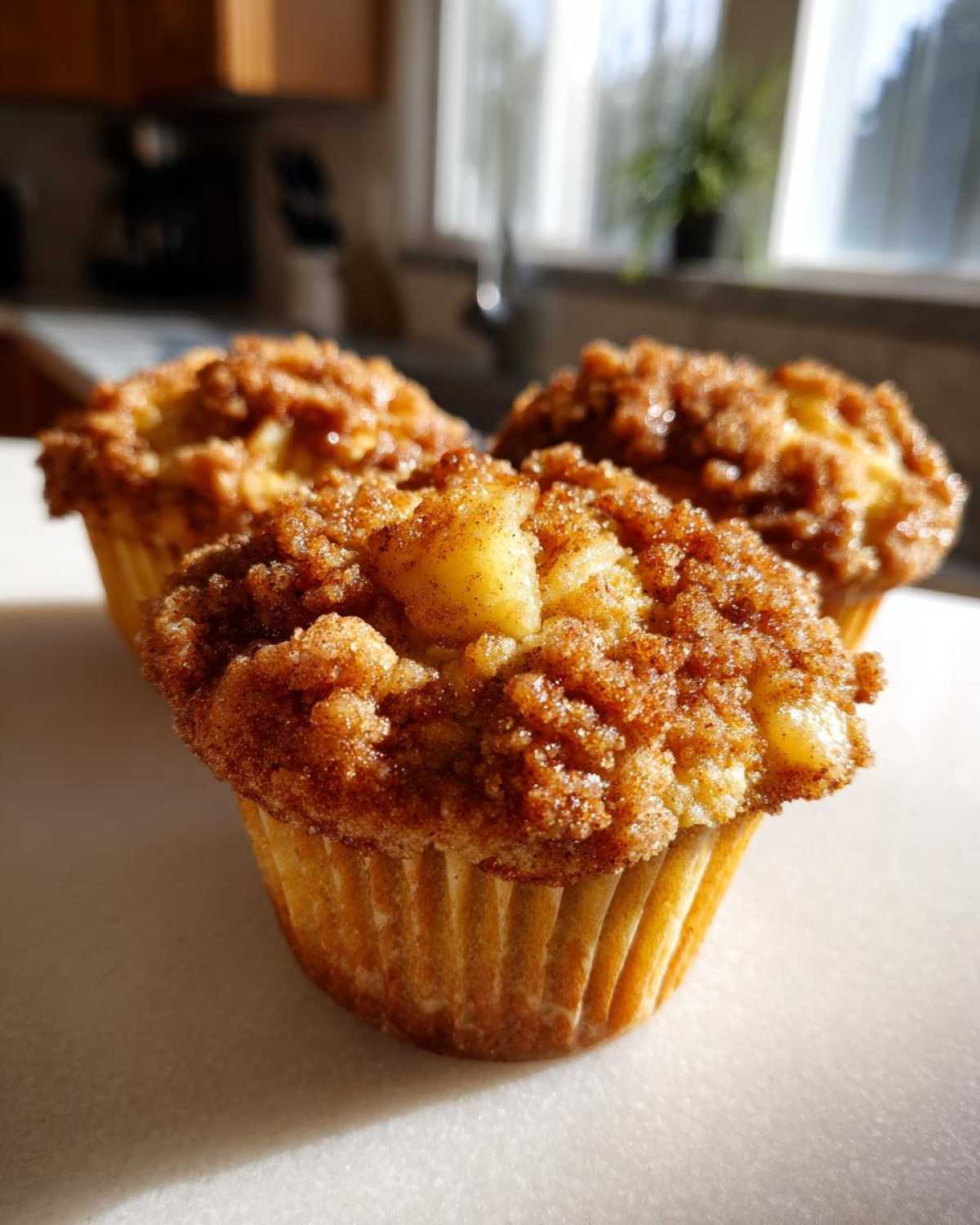 Three freshly baked peach cobbler muffins topped with a thick, sugary cinnamon streusel, sitting on a white surface.