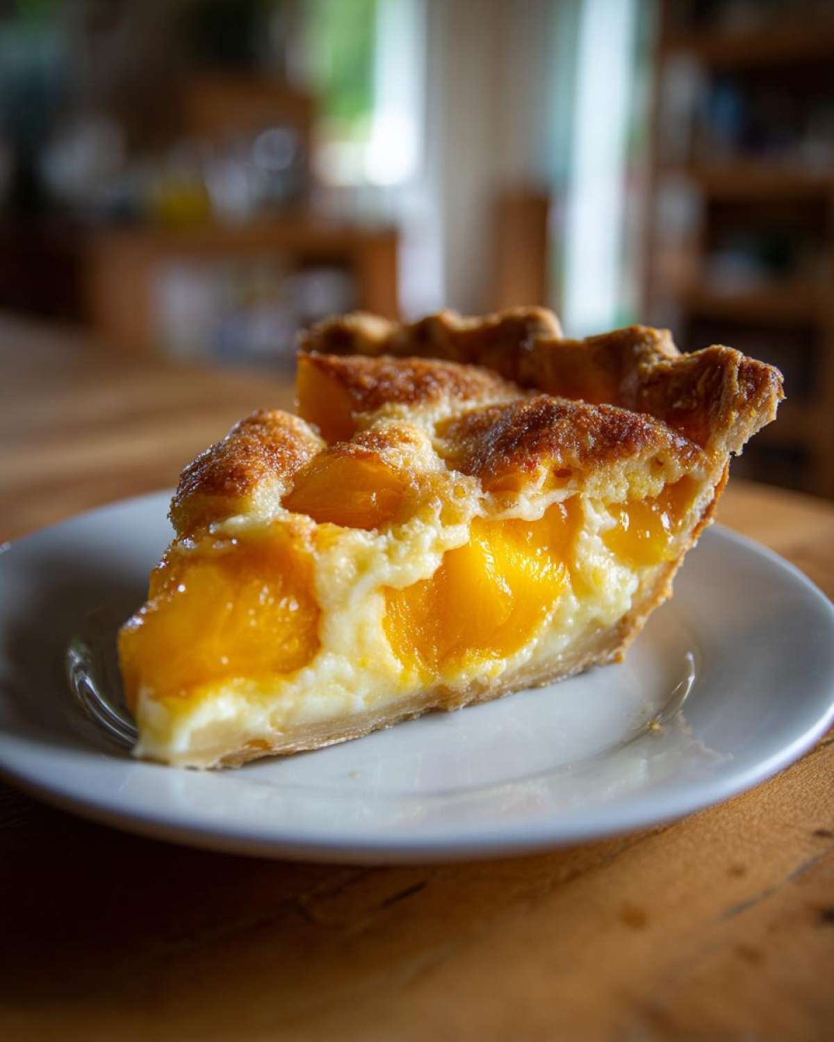 A close-up shot of a single slice of peach custard pie showing bright orange peaches and creamy filling on a white plate.