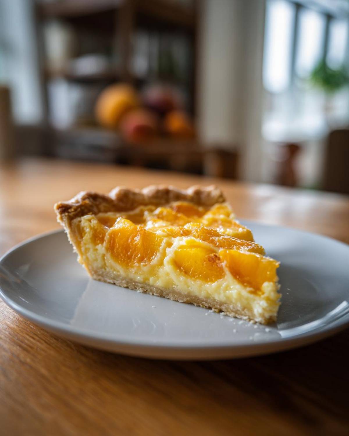 A close-up of a single slice of peach custard pie showing the golden crust, creamy filling, and bright orange peach slices.