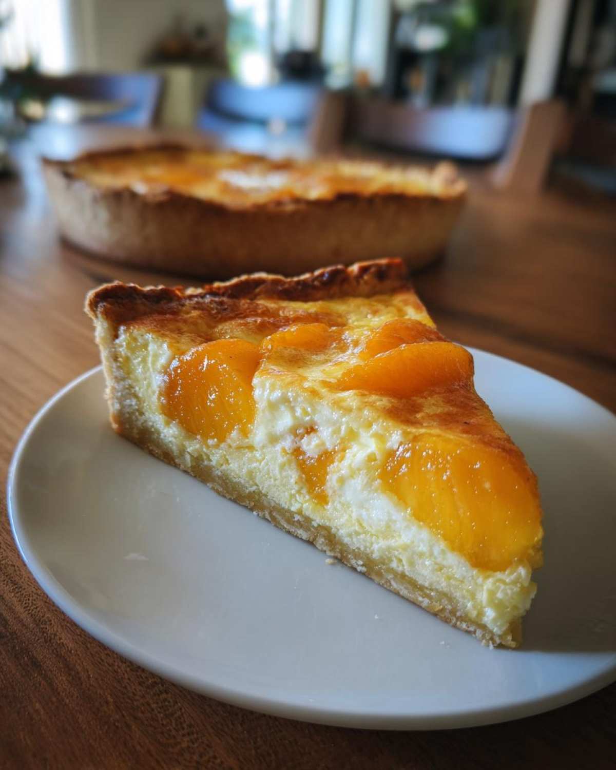 A close-up slice of peach custard pie showing the creamy filling and bright orange peaches on a white plate.