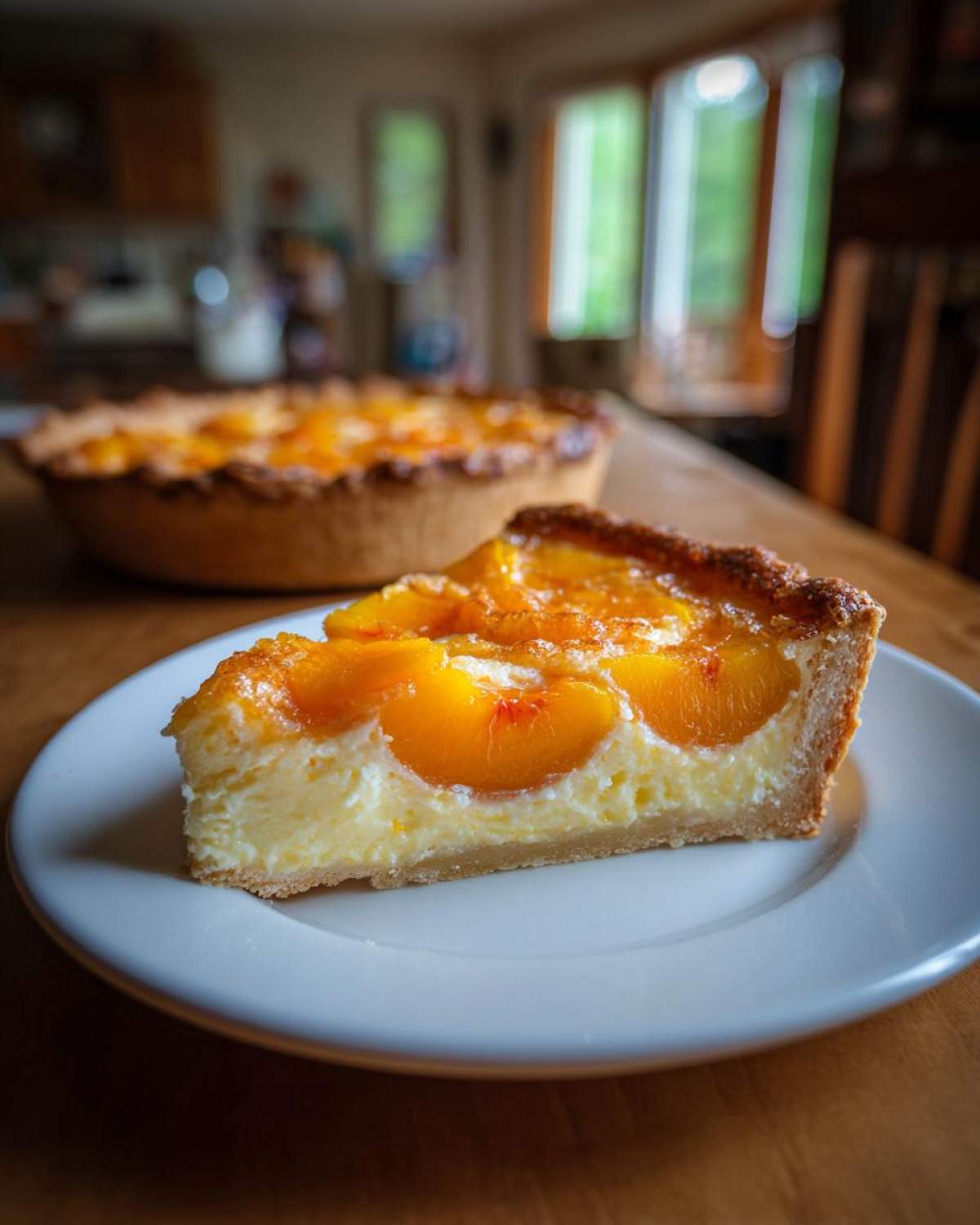 A close-up slice of peach custard pie on a white plate, with the rest of the peach custard pie blurred behind it.