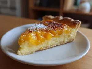 A close-up of a slice of peach custard pie on a white plate, featuring a creamy filling and glazed peaches dusted with powdered sugar.