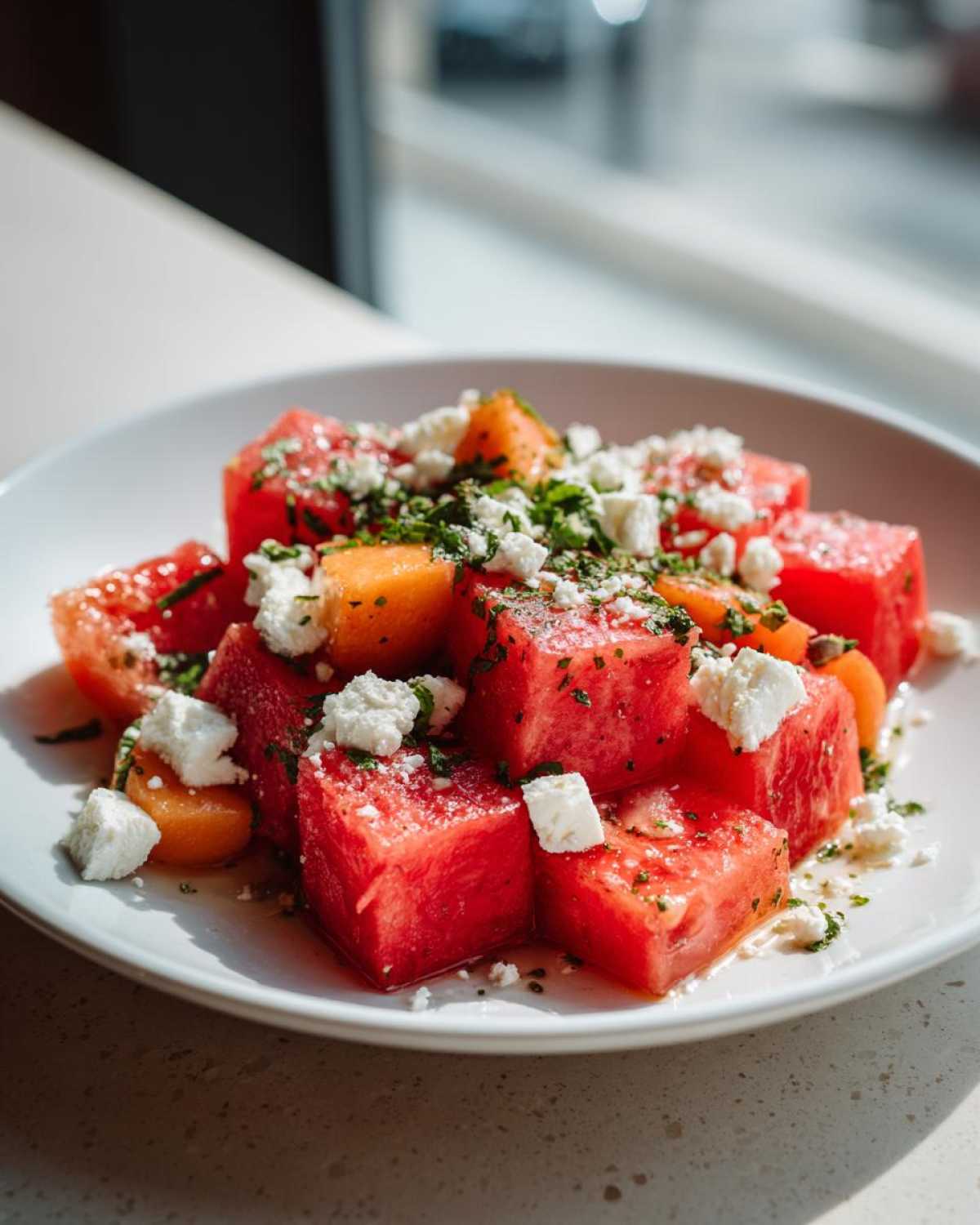 Close-up of a refreshing peach watermelon salad featuring cubed watermelon, orange peach pieces, crumbled feta cheese, and fresh herbs.