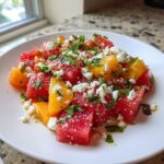 Close-up of a refreshing peach watermelon salad topped with crumbled feta cheese and fresh mint.