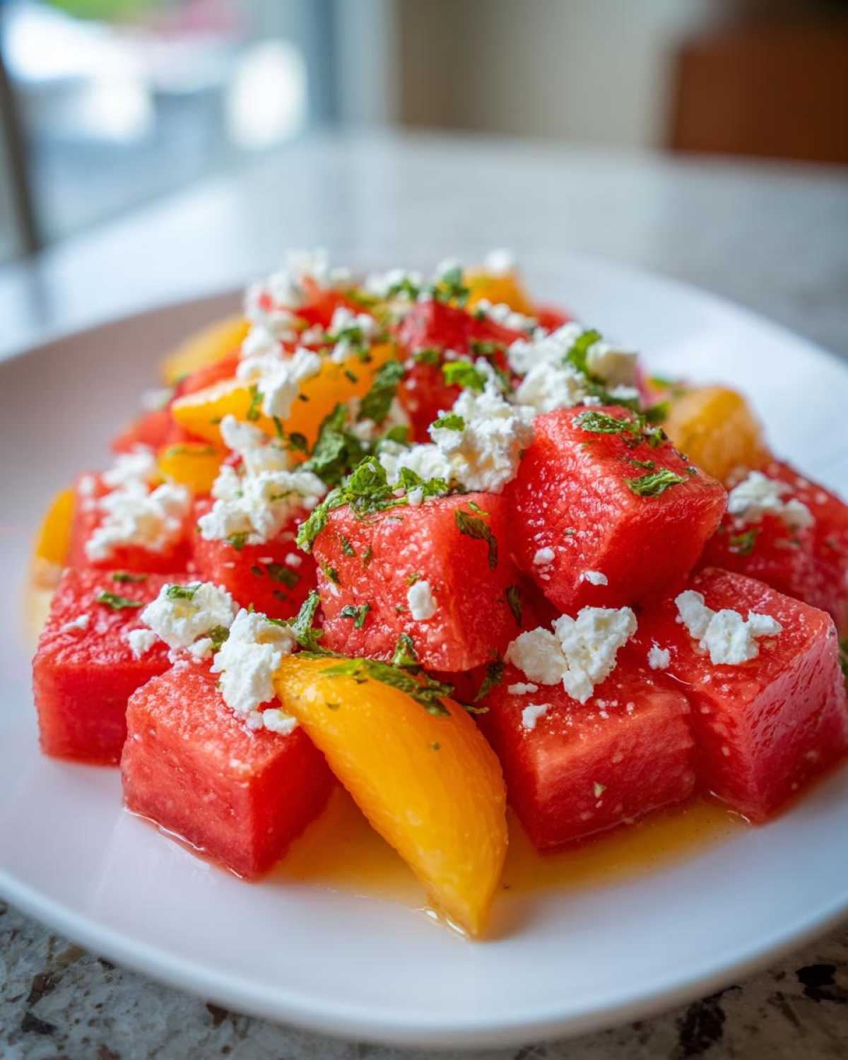 Close-up of a refreshing peach watermelon salad topped with crumbled feta cheese and fresh mint.
