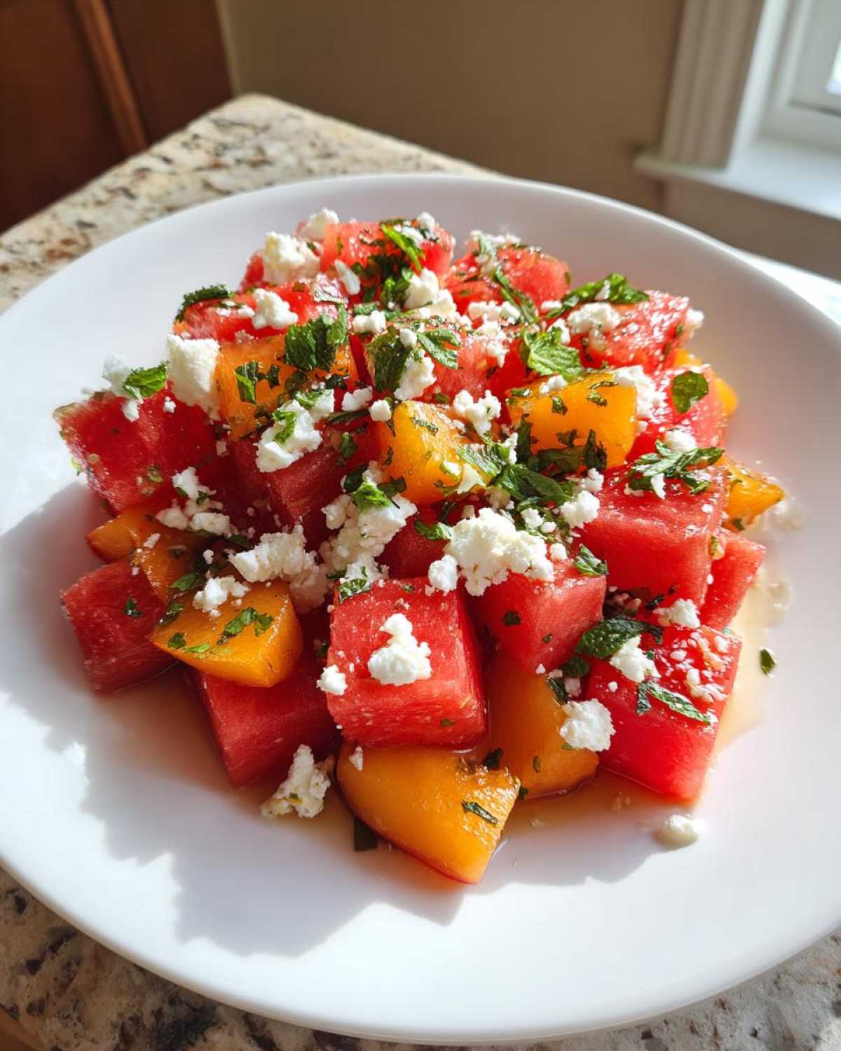 Close-up of a refreshing peach watermelon salad topped with crumbled feta cheese and fresh mint.