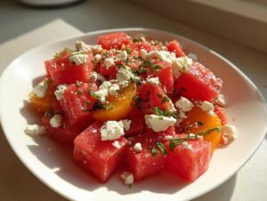 Close-up of a fresh peach watermelon salad featuring cubed watermelon, yellow peach slices, crumbled feta, and chopped mint.