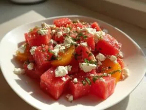 Close-up of a fresh peach watermelon salad featuring cubed watermelon, yellow peach slices, crumbled feta, and chopped mint.