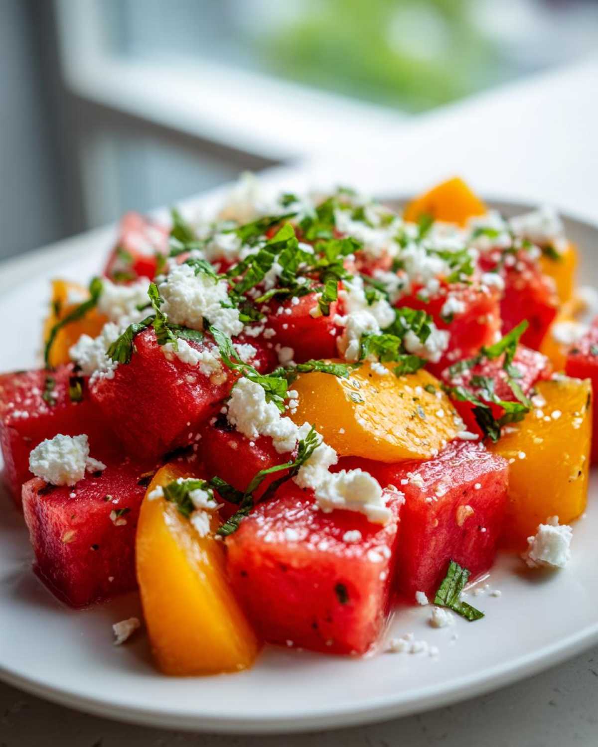 Close-up of cubed watermelon and yellow peach slices in a refreshing peach watermelon salad, topped with crumbled feta and fresh mint.