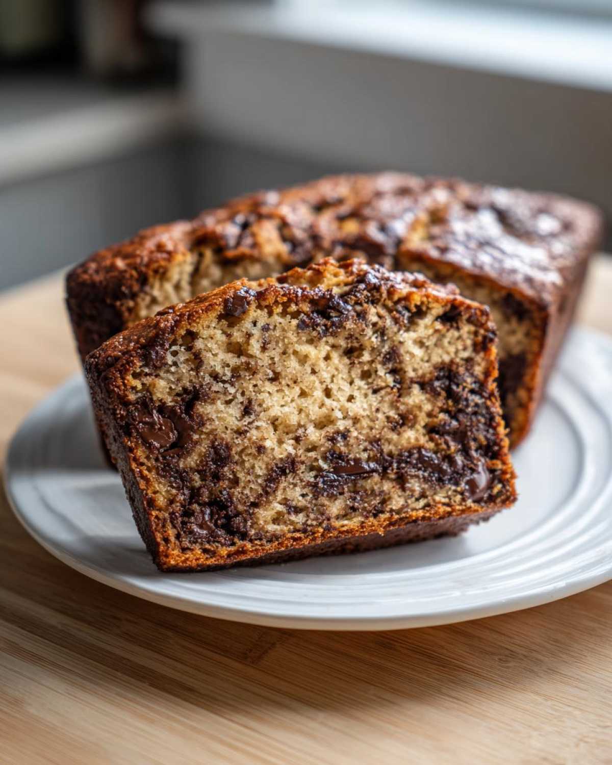 A close-up of a slice of moist peanut butter banana bread loaded with melted chocolate chunks, resting on a white plate.