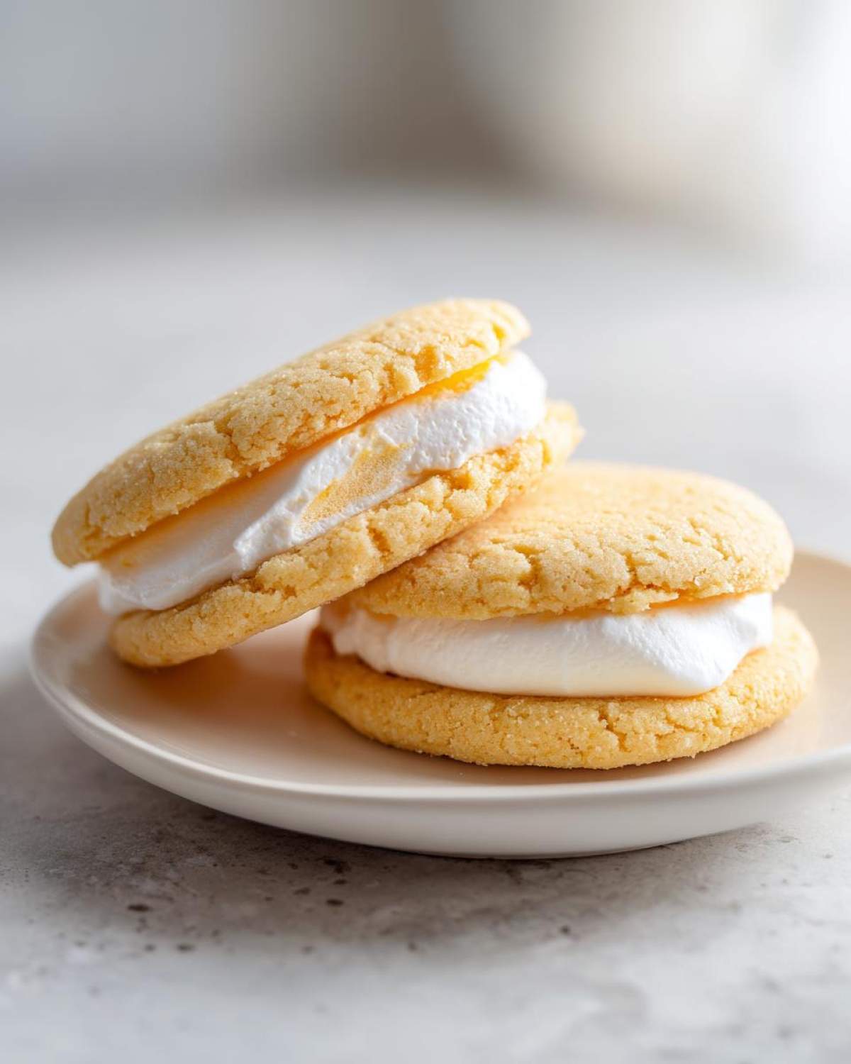 Two soft, yellow peep stuffed easter cookies filled with white marshmallow cream, stacked on a small plate.