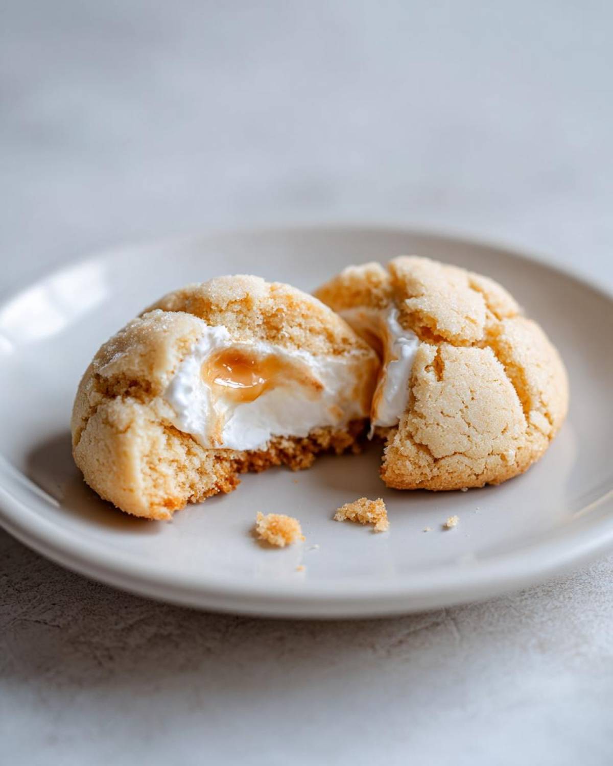 A peep stuffed easter cookie broken in half showing gooey marshmallow filling and caramel center on a white plate.