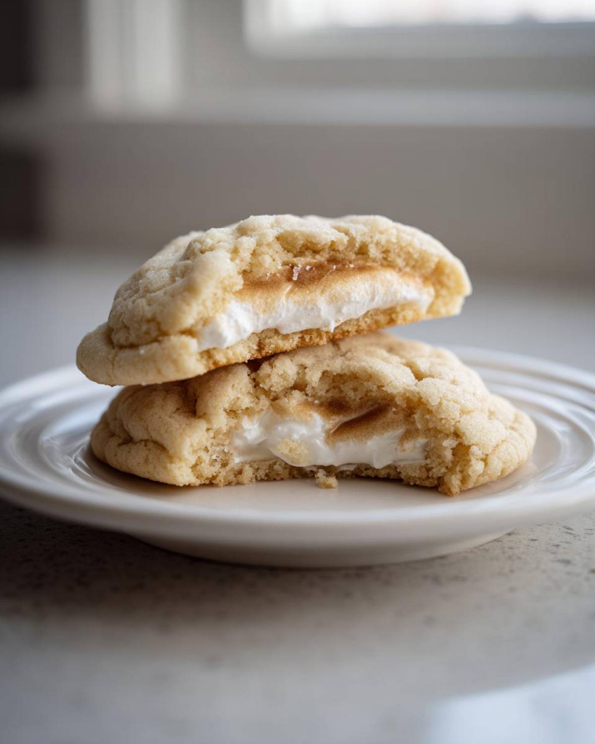 Two halves of a soft, chewy peep stuffed easter cookies stacked, showing the gooey, melted marshmallow center.
