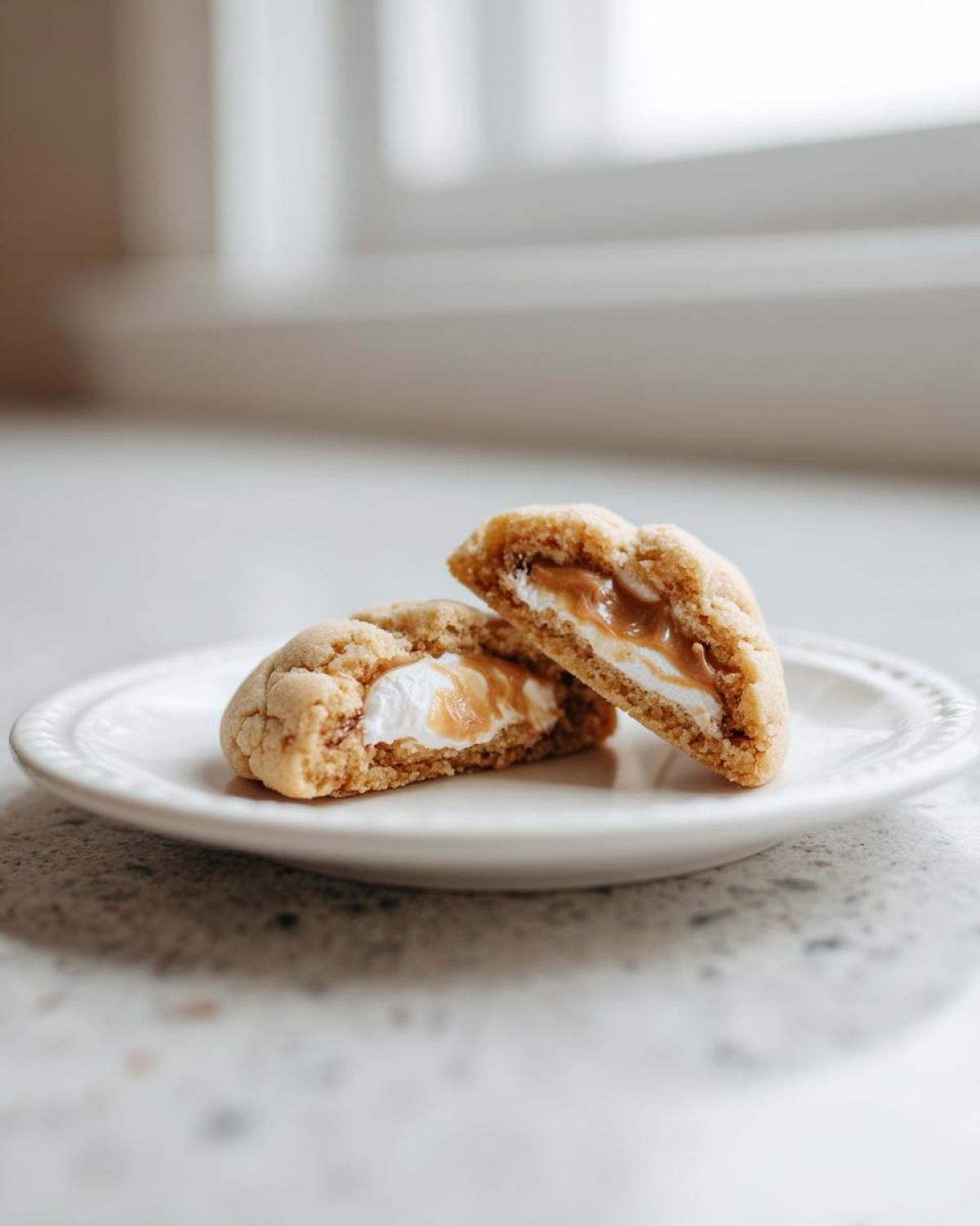 A peep stuffed easter cookie cut in half showing the melted marshmallow and caramel filling on a white plate.