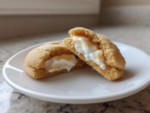 A peep stuffed easter cookie cut in half showing the gooey, toasted marshmallow filling inside the soft cookie.